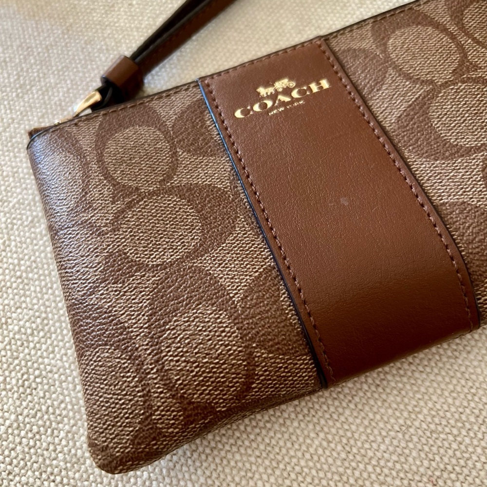 Coach Corner Zip Wristlet - Brown with Gold Accents